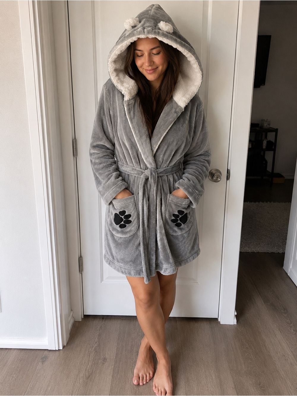 POL Plush Hooded Paw-Pocket Robe - Gray